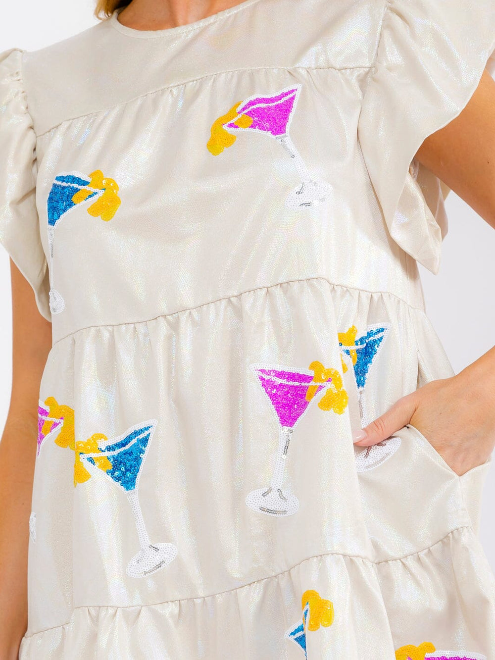 WOMEN'S RUFFLE SLEEVE FRONT POCKETS TIERED SEQUINS METALLIC MINI DRESS