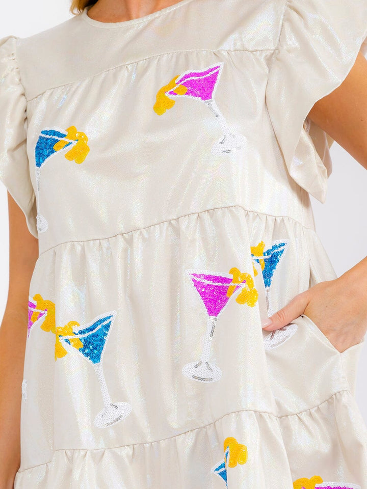 WOMEN'S RUFFLE SLEEVE FRONT POCKETS TIERED SEQUINS METALLIC MINI DRESS