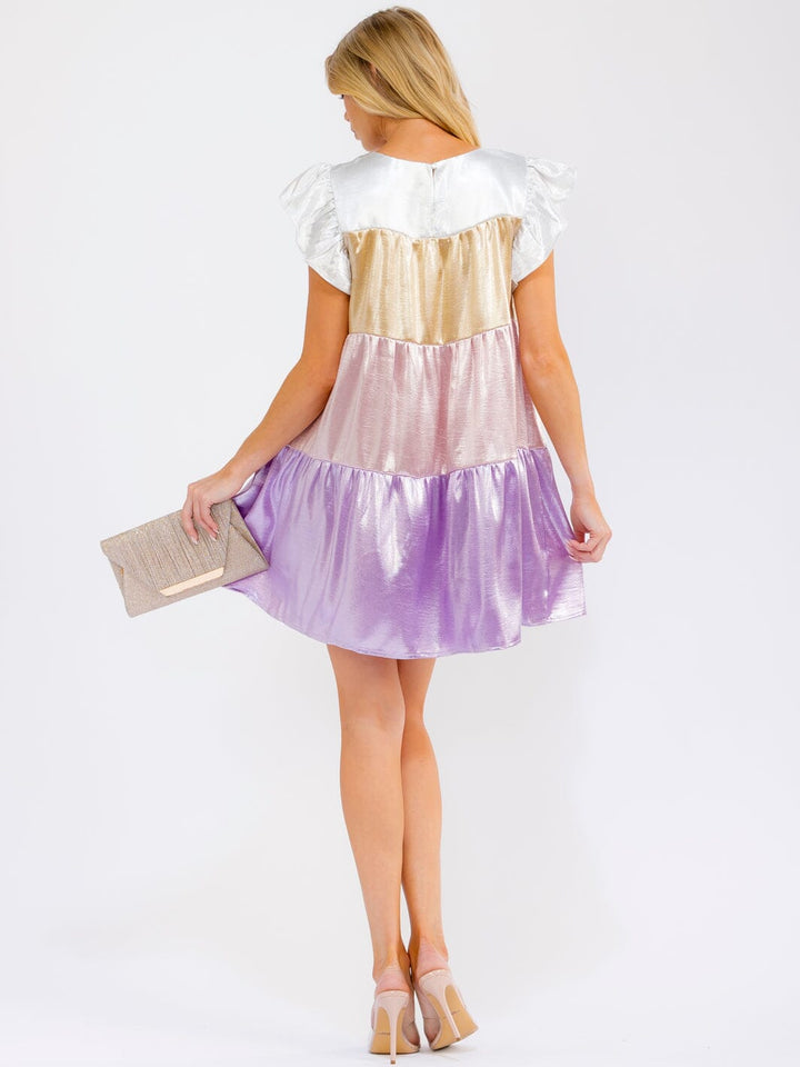 WOMEN'S SHORT RUFFLE SLEEVE TIERED LOOSE FIT COLORBLOCK MINI DRESS