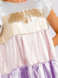 WOMEN'S SHORT RUFFLE SLEEVE TIERED LOOSE FIT COLORBLOCK MINI DRESS