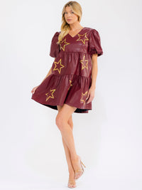 WOMEN'S SHORT PUFF SLEEVE V-NECK FRONT POCKETS TIERED STARS PRINT PU MINI DRESS