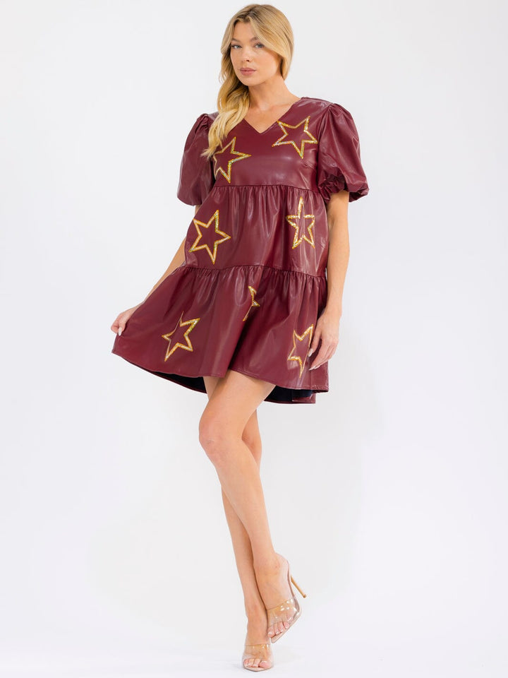 WOMEN'S SHORT PUFF SLEEVE V-NECK FRONT POCKETS TIERED STARS PRINT PU MINI DRESS