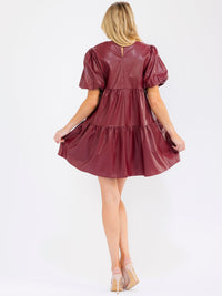 WOMEN'S SHORT PUFF SLEEVE V-NECK FRONT POCKETS TIERED STARS PRINT PU MINI DRESS