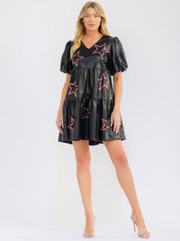 WOMEN'S SHORT PUFF SLEEVE V-NECK FRONT POCKETS TIERED STARS PRINT PU MINI DRESS
