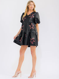 WOMEN'S SHORT PUFF SLEEVE V-NECK FRONT POCKETS TIERED STARS PRINT PU MINI DRESS