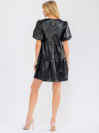 WOMEN'S SHORT PUFF SLEEVE V-NECK FRONT POCKETS TIERED STARS PRINT PU MINI DRESS