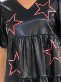 WOMEN'S SHORT PUFF SLEEVE V-NECK FRONT POCKETS TIERED STARS PRINT PU MINI DRESS