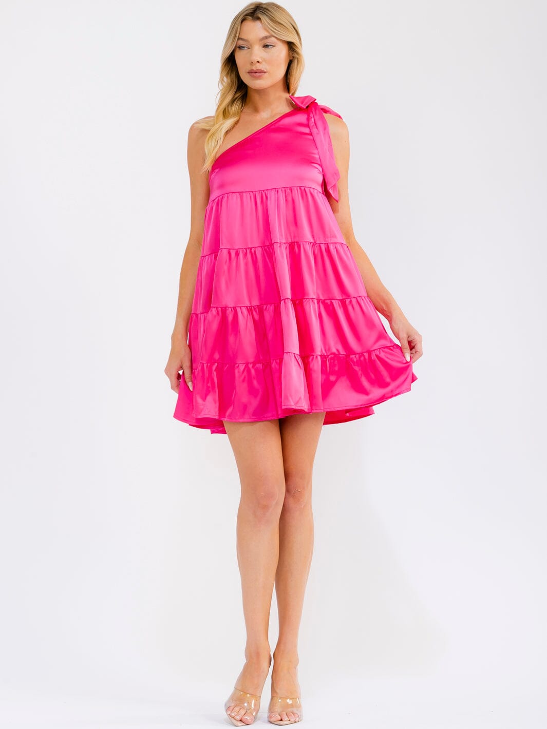 WOMEN'S ONE SHOULDER FRONT POCKETS TIERED MINI DRESS
