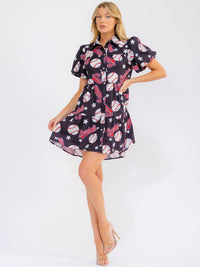 WOMEN'S SHORT SLEEVE BUTTON UP FRONT POCKETS TIERED MULTI PRINT MINI DRESS