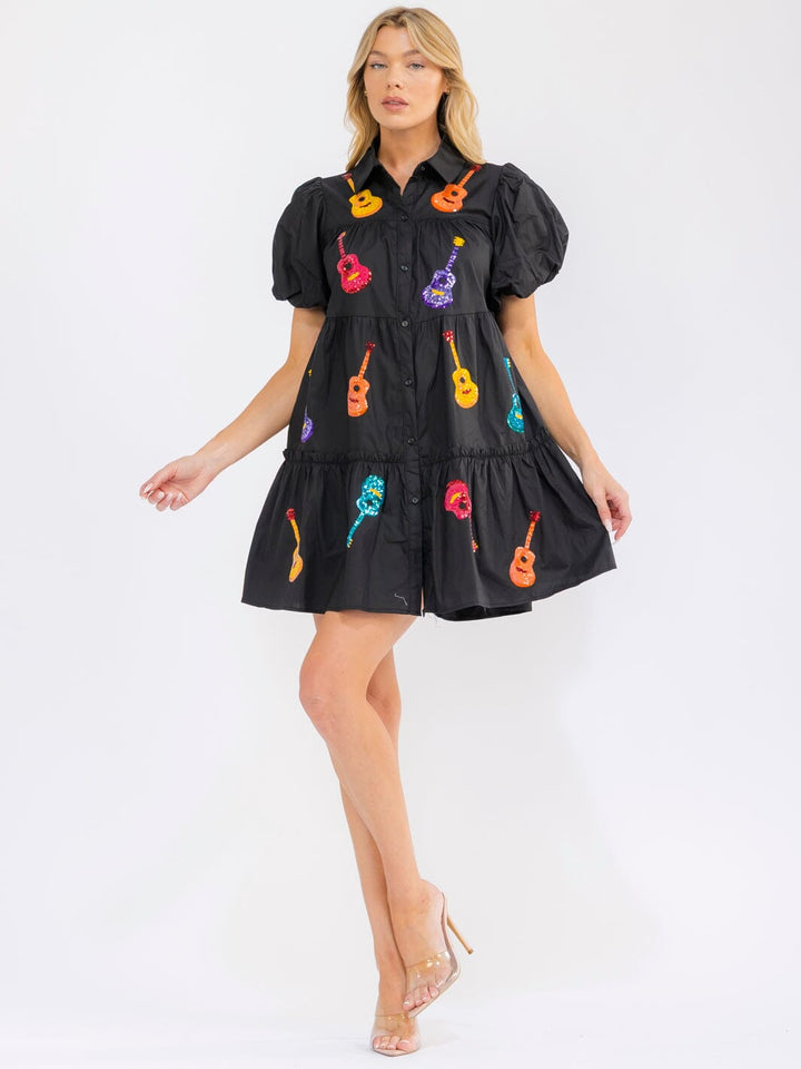 WOMEN'S SHORT PUFF SLEEVE BUTTON UP FRONT POCKETS SEQUINS GUITARS MINI DRESS