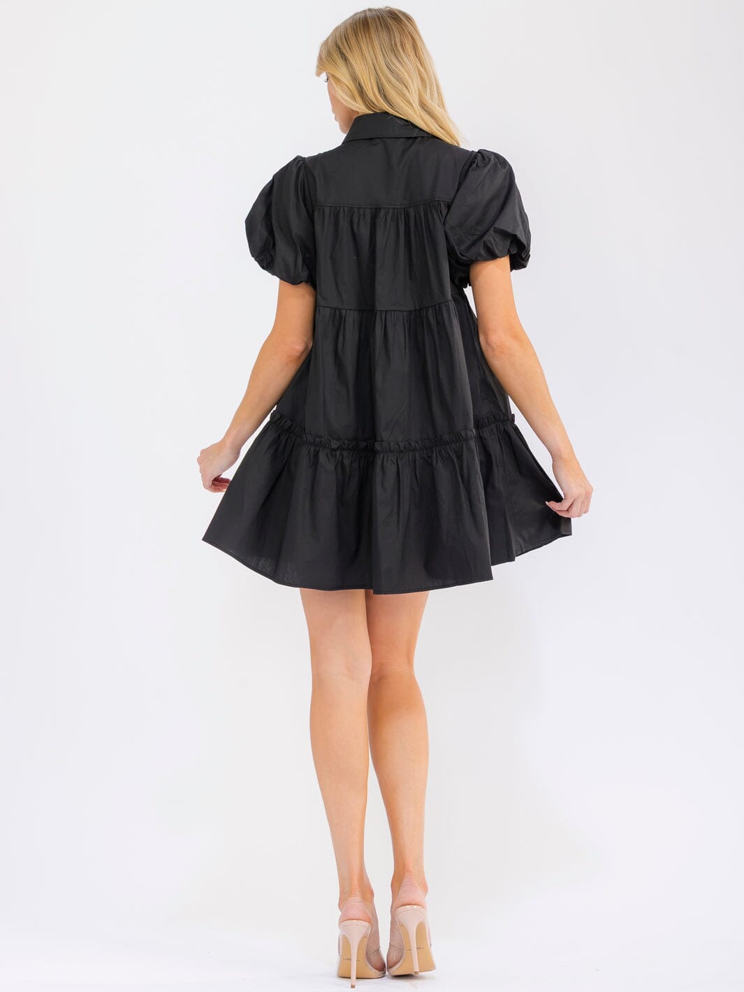 WOMEN'S SHORT PUFF SLEEVE BUTTON UP FRONT POCKETS SEQUINS GUITARS MINI DRESS