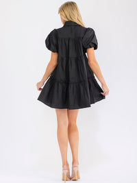 WOMEN'S SHORT PUFF SLEEVE BUTTON UP FRONT POCKETS SEQUINS GUITARS MINI DRESS