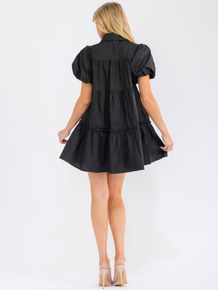 WOMEN'S SHORT PUFF SLEEVE BUTTON UP FRONT POCKETS SEQUINS GUITARS MINI DRESS