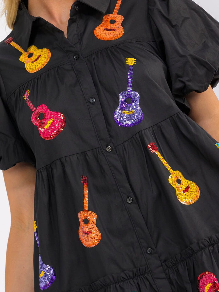 WOMEN'S SHORT PUFF SLEEVE BUTTON UP FRONT POCKETS SEQUINS GUITARS MINI DRESS