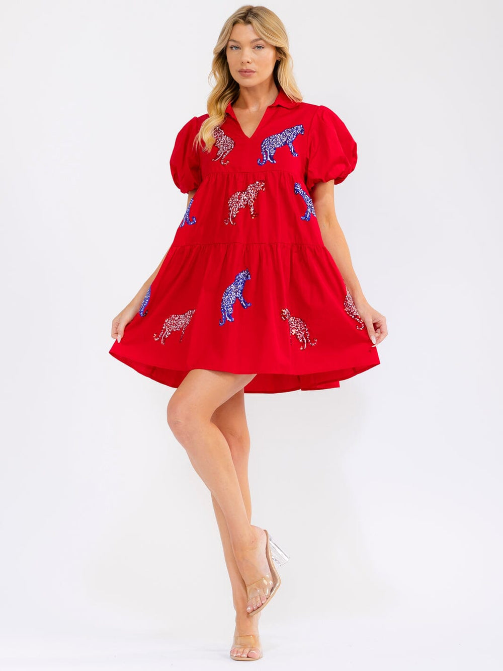 WOMEN'S SHORT SLEEVE V-NECK FRONT POCKETS GRAPHIC SEQUINS LOOSE FIT MINI DRESS