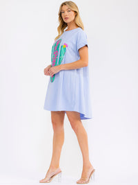 WOMEN'S SHORT SLEEVE FRONT POCKETS GRAPHIC SEQUINS LOOSE FIT MINI DRESS