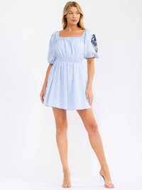 WOMEN'S SHORT PUFF SLEEVE SQUARE NECK FRONT POCKETS ELASTIC WAIST SEQUINS MINI DRESS