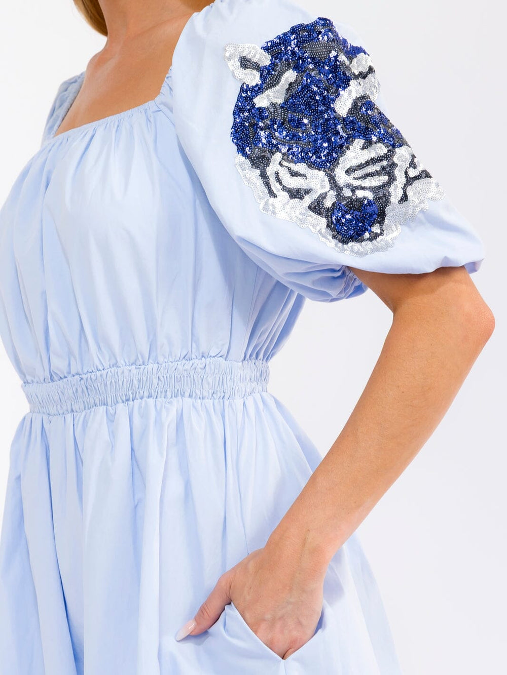 WOMEN'S SHORT PUFF SLEEVE SQUARE NECK FRONT POCKETS ELASTIC WAIST SEQUINS MINI DRESS