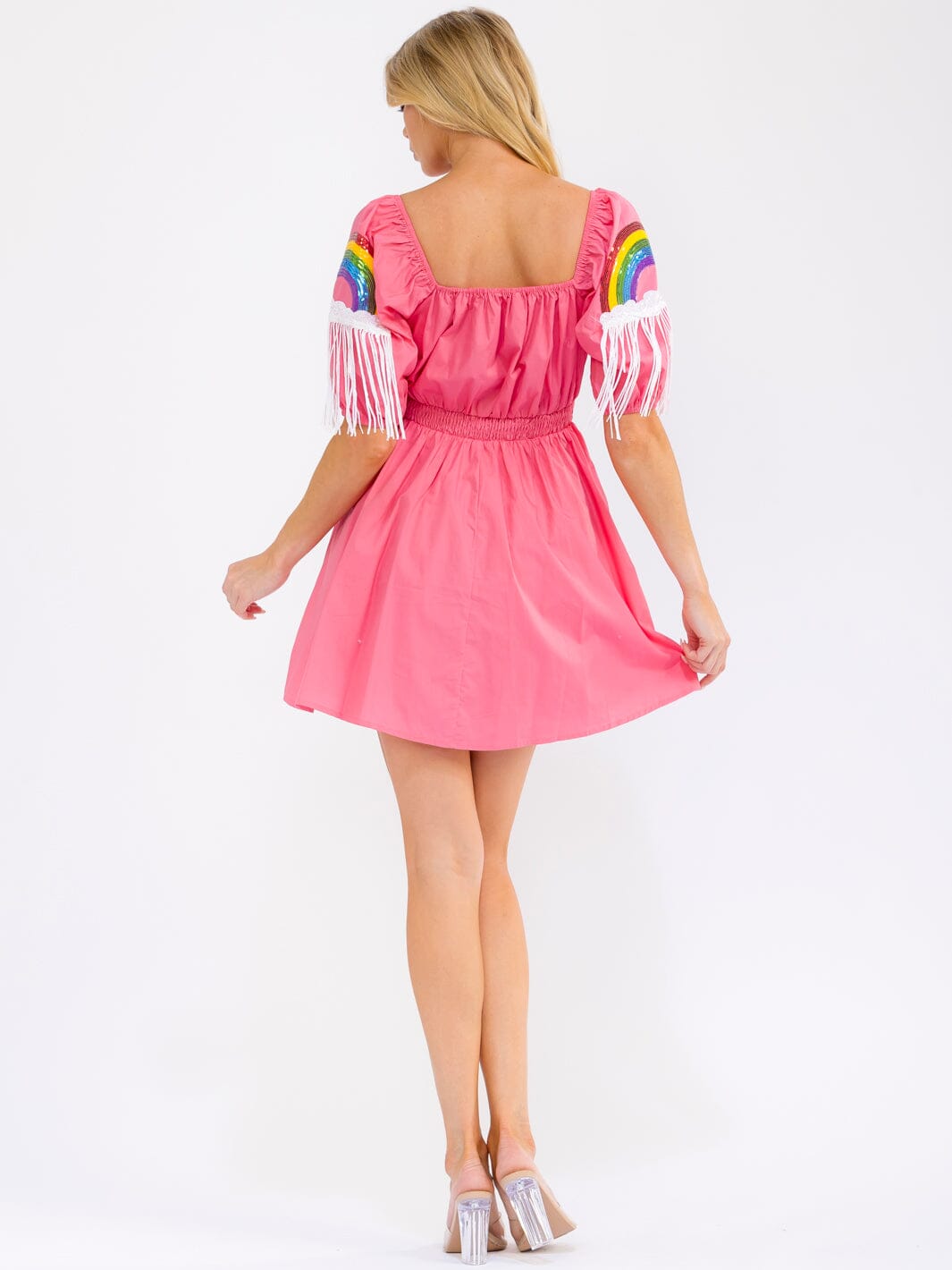 WOMEN'S SHORT PUFF SLEEVE SQUARE NECK FRONT POCKETS ELASTIC WAIST SEQUINS MINI DRESS