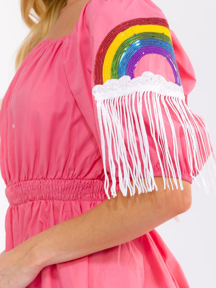 WOMEN'S SHORT PUFF SLEEVE SQUARE NECK FRONT POCKETS ELASTIC WAIST SEQUINS MINI DRESS