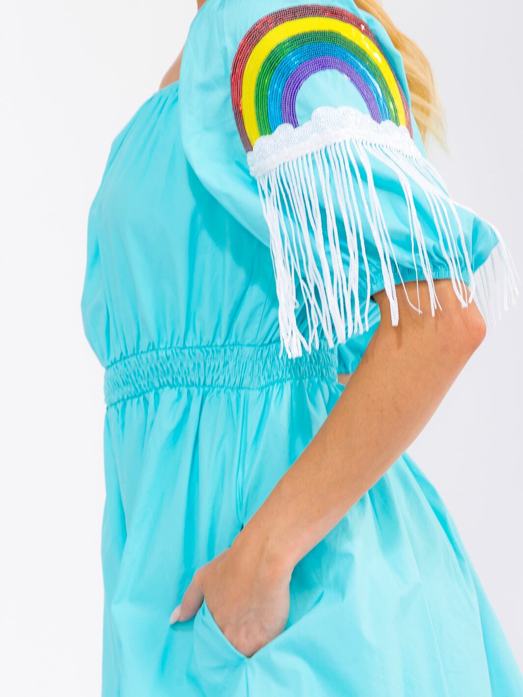 WOMEN'S SHORT PUFF SLEEVE SQUARE NECK FRONT POCKETS ELASTIC WAIST SEQUINS MINI DRESS