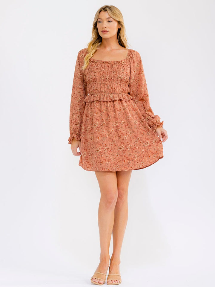 WOMEN'S LONG SLEEVE SQUARE NECK ELASTIC WAIST FLORAL MINI DRESS