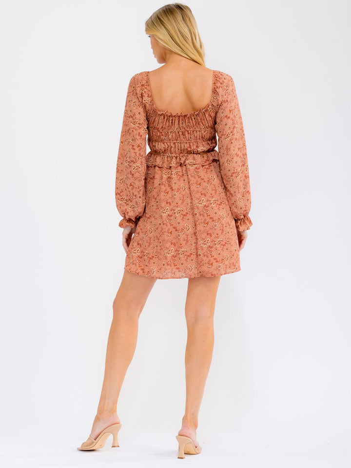 WOMEN'S LONG SLEEVE SQUARE NECK ELASTIC WAIST FLORAL MINI DRESS