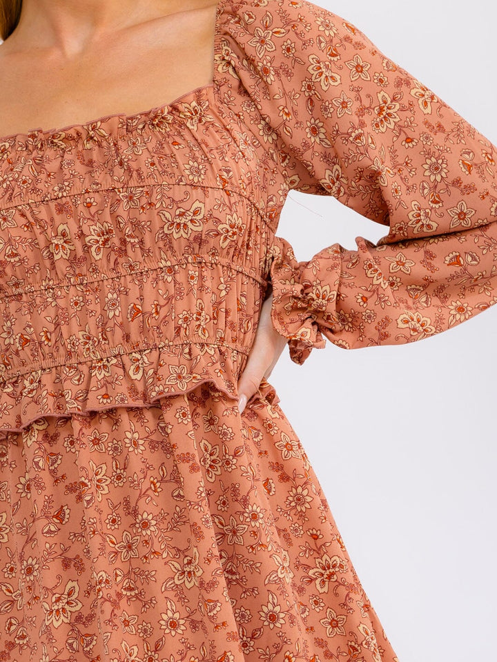 WOMEN'S LONG SLEEVE SQUARE NECK ELASTIC WAIST FLORAL MINI DRESS