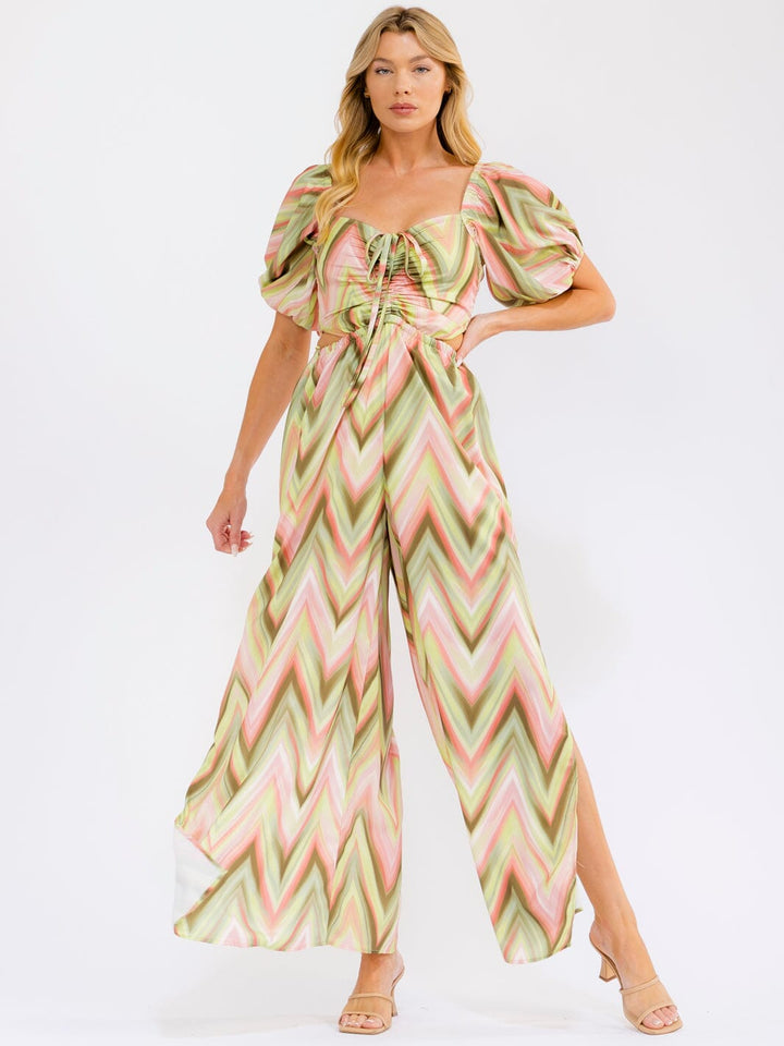 WOMEN'S SHORT PUFF SLEEVE OPEN BACK WIDE LEG JUMPSUIT