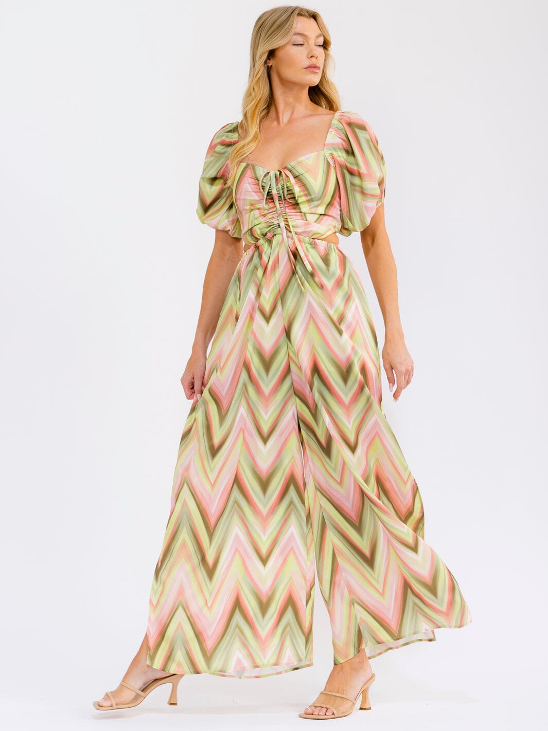 WOMEN'S SHORT PUFF SLEEVE OPEN BACK WIDE LEG JUMPSUIT