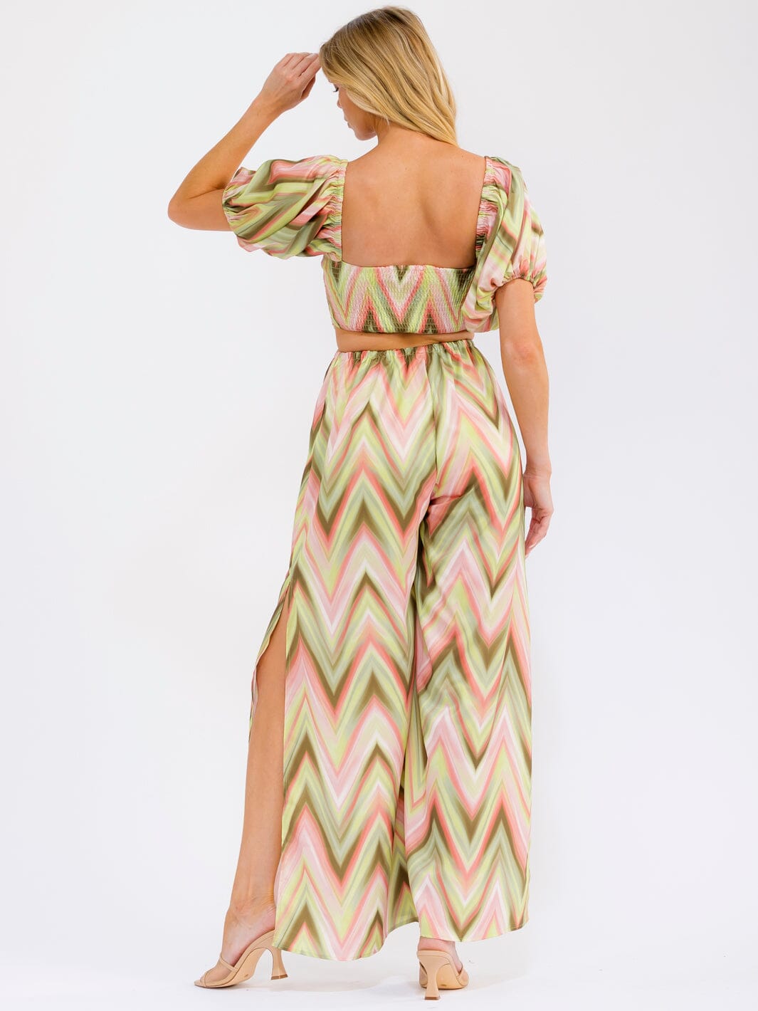 WOMEN'S SHORT PUFF SLEEVE OPEN BACK WIDE LEG JUMPSUIT
