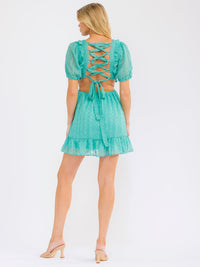 WOMEN'S SHORT SLEEVE OPEN BACK ELASTIC WAIST SIDE CUT OUT EMBROIDERY MINI DRESS