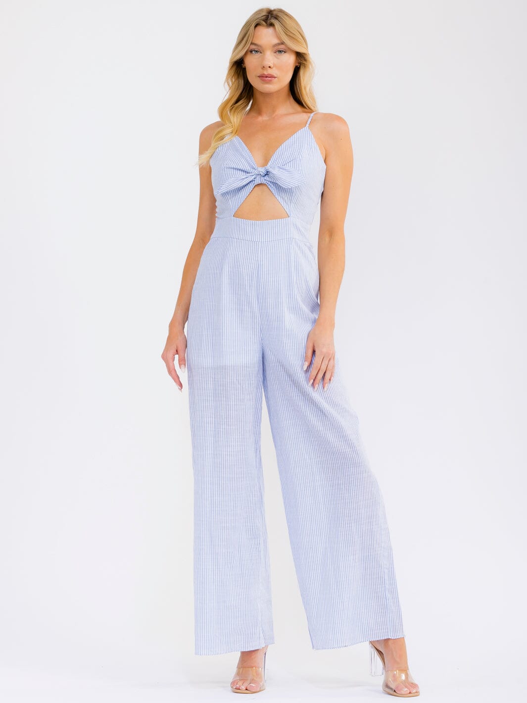 WOMEN'S SLEEVELESS FRONT CUT OUT STRIPES WIDE LEG JUMPSUIT