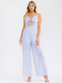 WOMEN'S SLEEVELESS FRONT CUT OUT STRIPES WIDE LEG JUMPSUIT