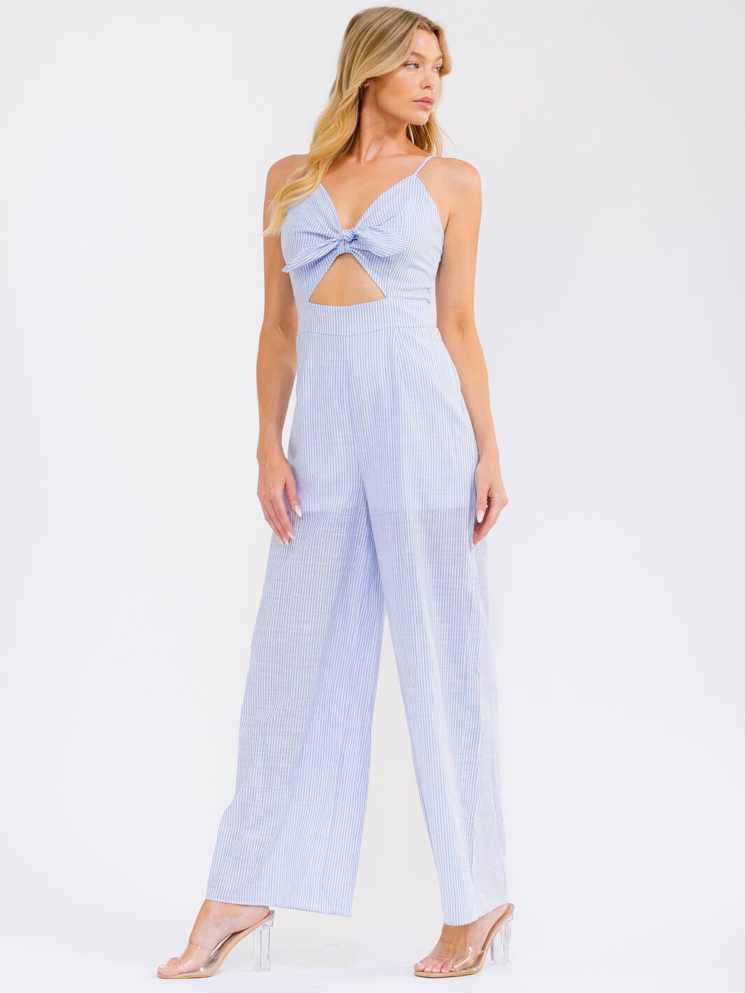 WOMEN'S SLEEVELESS FRONT CUT OUT STRIPES WIDE LEG JUMPSUIT