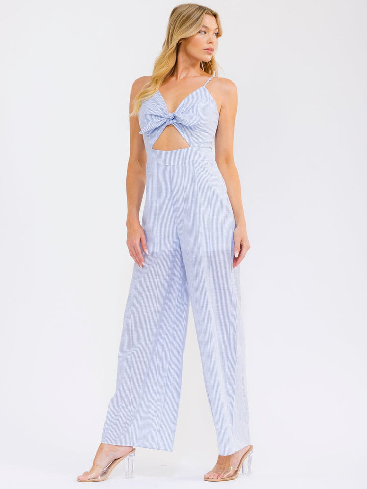 WOMEN'S SLEEVELESS FRONT CUT OUT STRIPES WIDE LEG JUMPSUIT