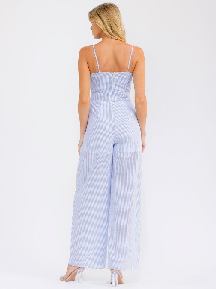 WOMEN'S SLEEVELESS FRONT CUT OUT STRIPES WIDE LEG JUMPSUIT