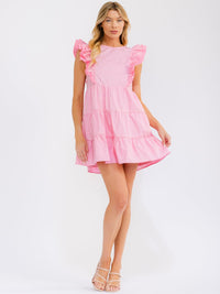WOMEN'S RUFFLE SLEEVE TIERED LOOSE FIT MINI DRESS