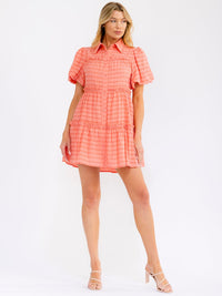 WOMEN'S SHORT PUFF SLEEVE V-NECK BUTTON UP FRONT POCKETS TIERED MINI DRESS
