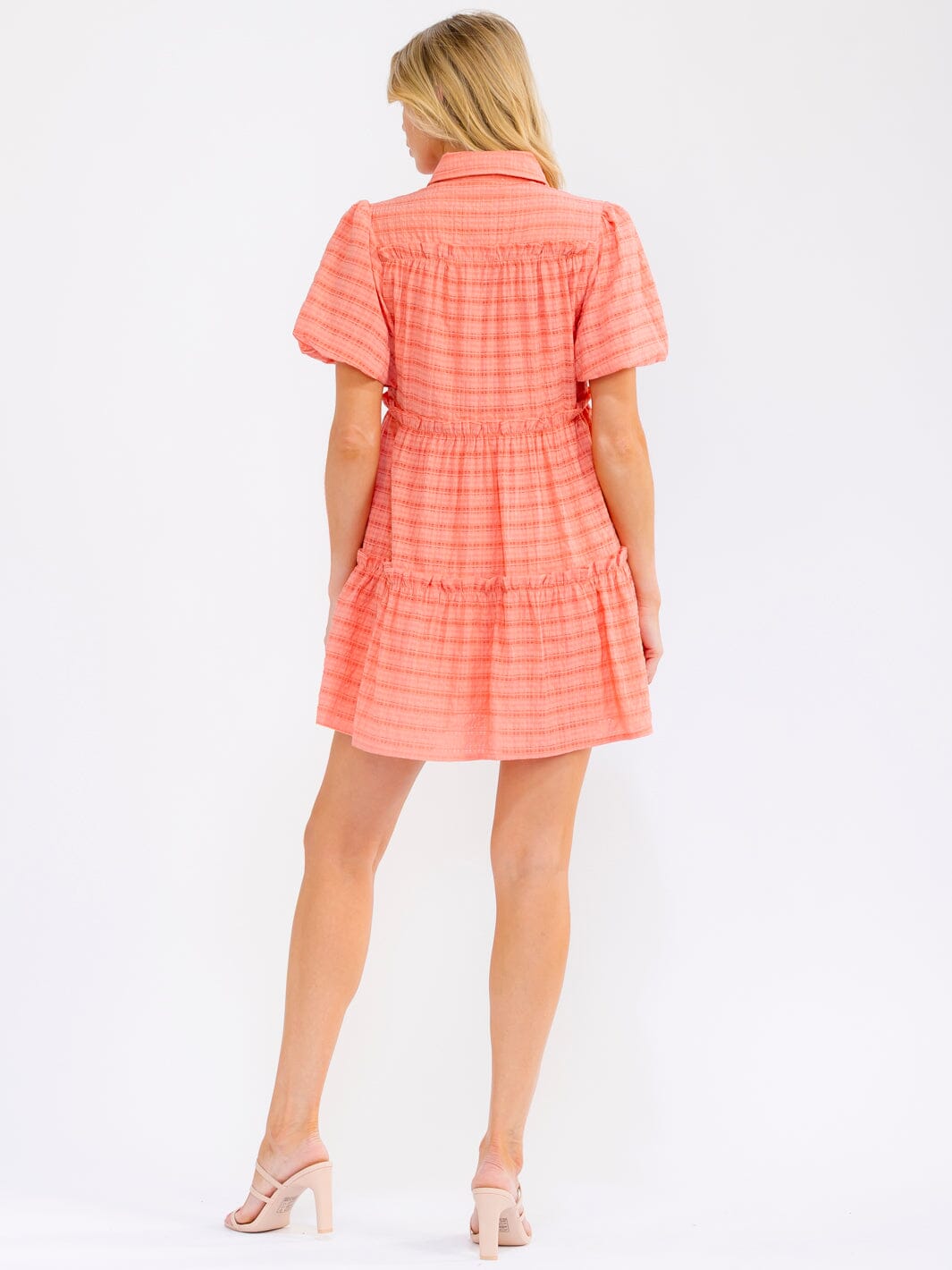 WOMEN'S SHORT PUFF SLEEVE V-NECK BUTTON UP FRONT POCKETS TIERED MINI DRESS