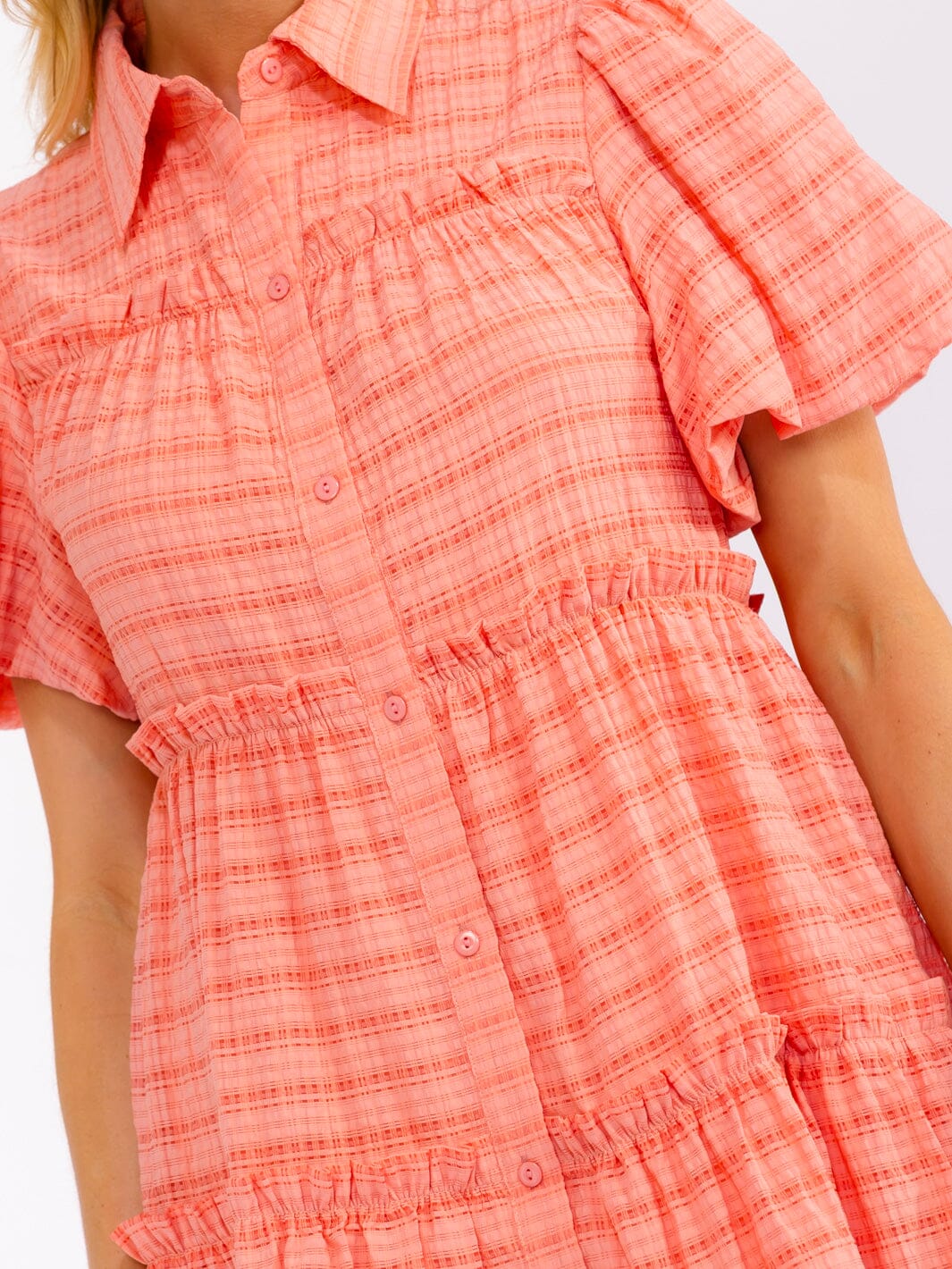 WOMEN'S SHORT PUFF SLEEVE V-NECK BUTTON UP FRONT POCKETS TIERED MINI DRESS