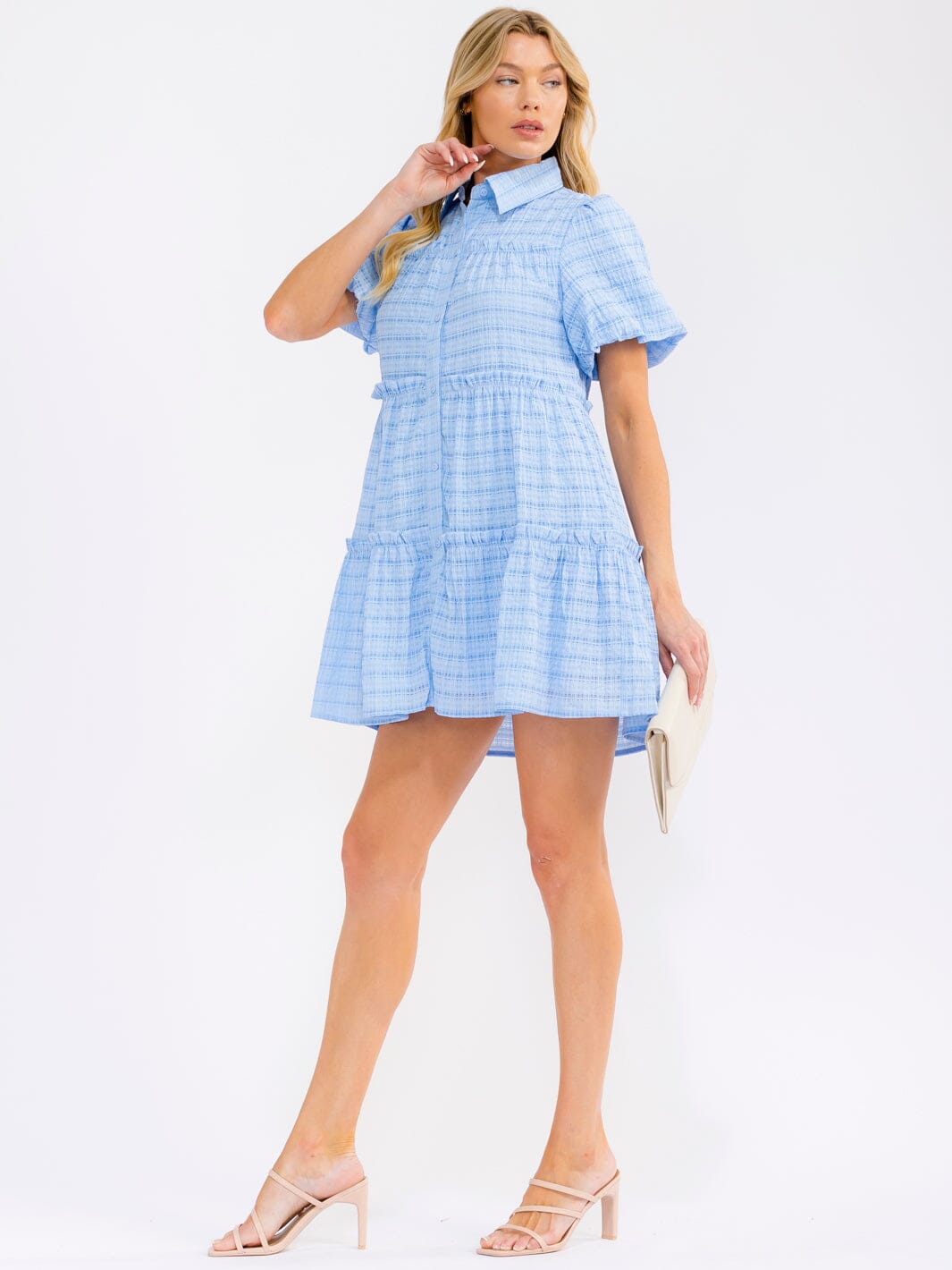 WOMEN'S SHORT PUFF SLEEVE V-NECK BUTTON UP FRONT POCKETS TIERED MINI DRESS