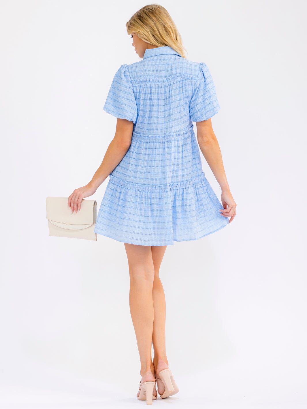 WOMEN'S SHORT PUFF SLEEVE V-NECK BUTTON UP FRONT POCKETS TIERED MINI DRESS