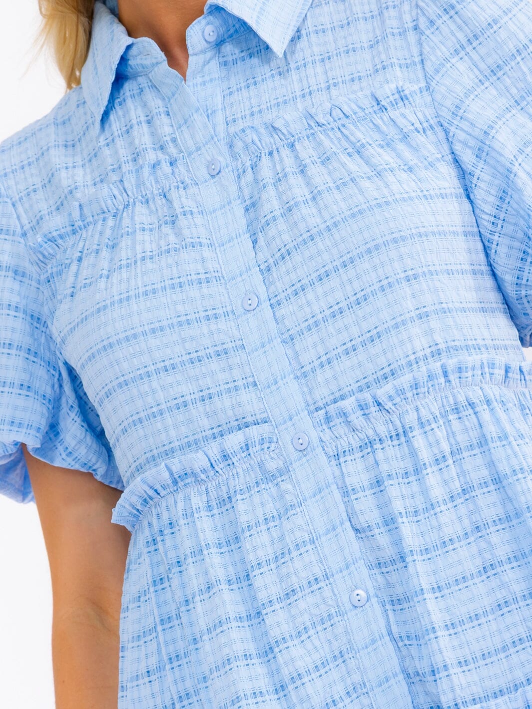 WOMEN'S SHORT PUFF SLEEVE V-NECK BUTTON UP FRONT POCKETS TIERED MINI DRESS