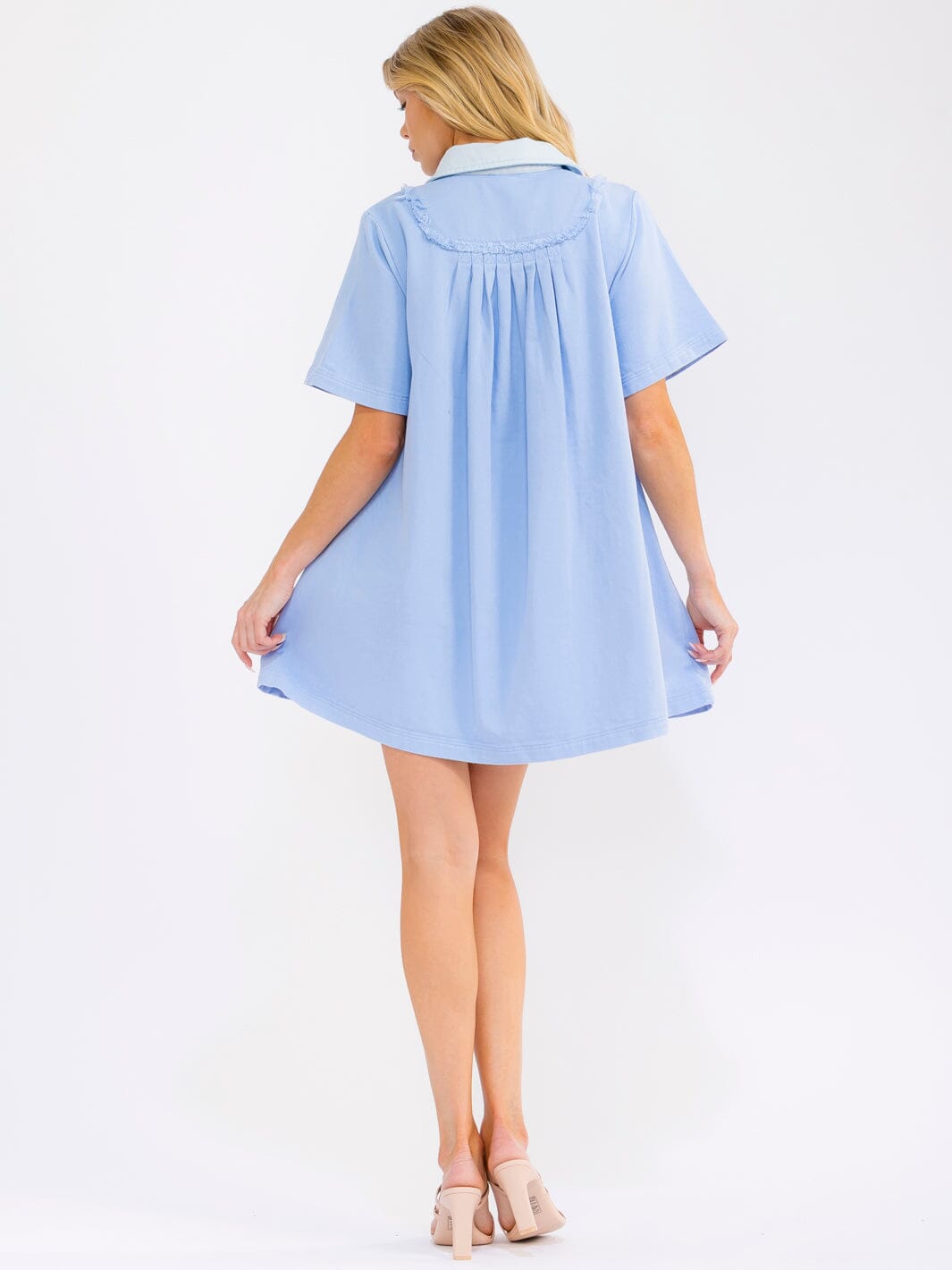 WOMEN'S SHORT SLEEVE V-NECK BUTTON UP FRONT POCKETS DENIM MINI DRESS