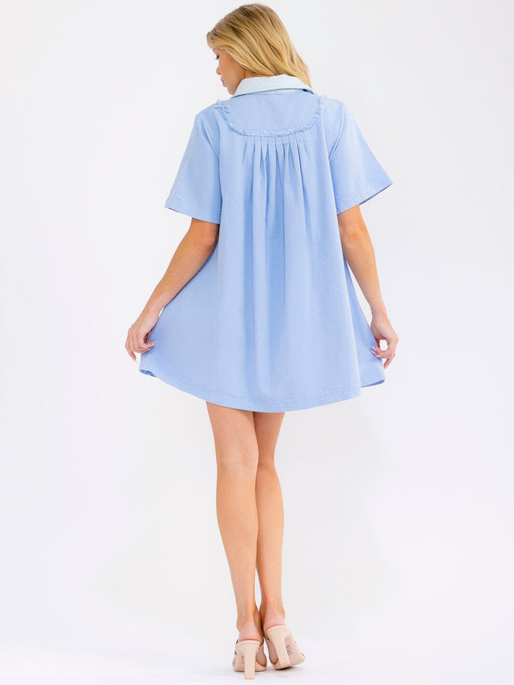 WOMEN'S SHORT SLEEVE V-NECK BUTTON UP FRONT POCKETS DENIM MINI DRESS