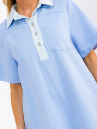 WOMEN'S SHORT SLEEVE V-NECK BUTTON UP FRONT POCKETS DENIM MINI DRESS