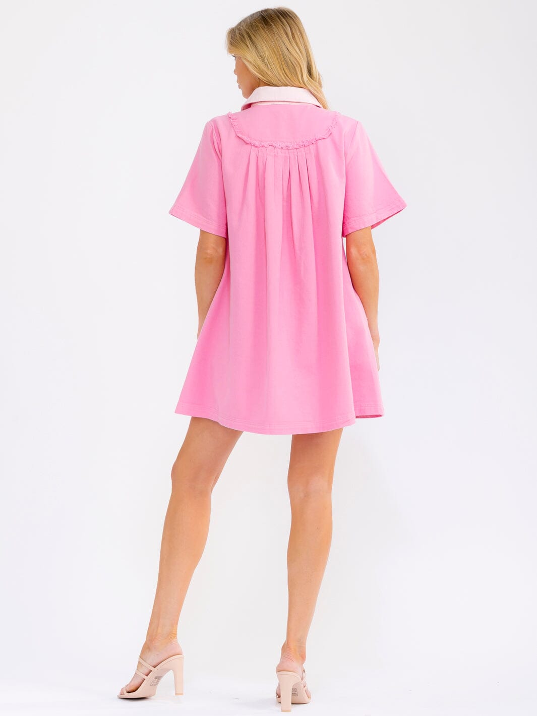 WOMEN'S SHORT SLEEVE V-NECK BUTTON UP FRONT POCKETS DENIM MINI DRESS