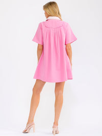 WOMEN'S SHORT SLEEVE V-NECK BUTTON UP FRONT POCKETS DENIM MINI DRESS