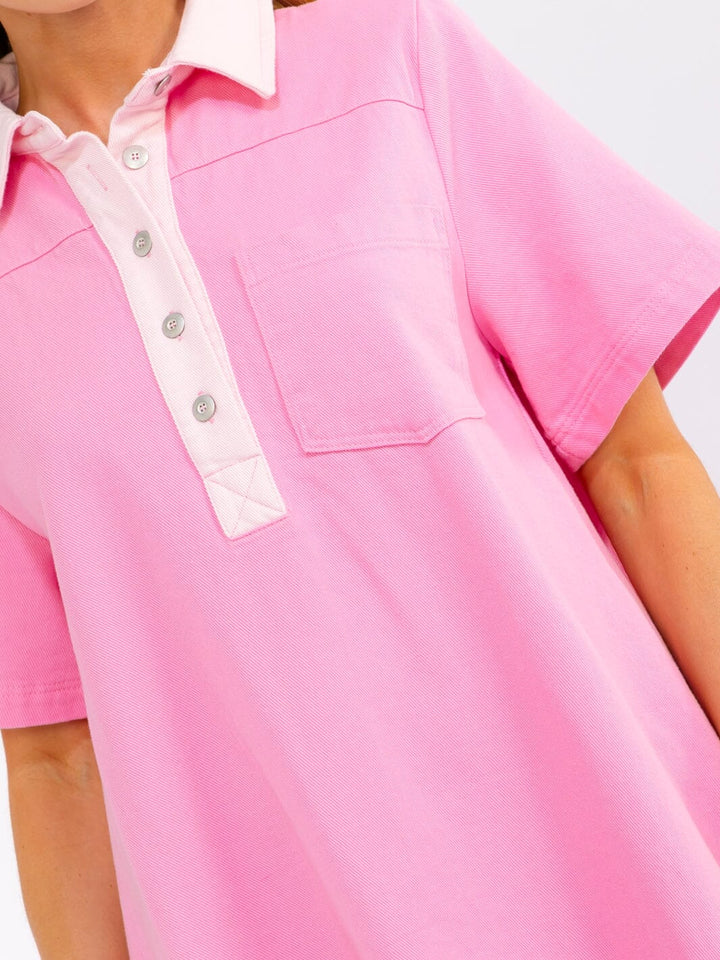 WOMEN'S SHORT SLEEVE V-NECK BUTTON UP FRONT POCKETS DENIM MINI DRESS